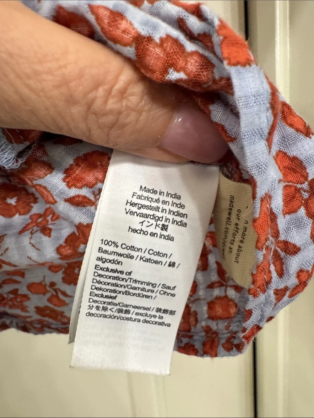 Madewell Light Blue Top with Red Floral Print and Puff Sleeves